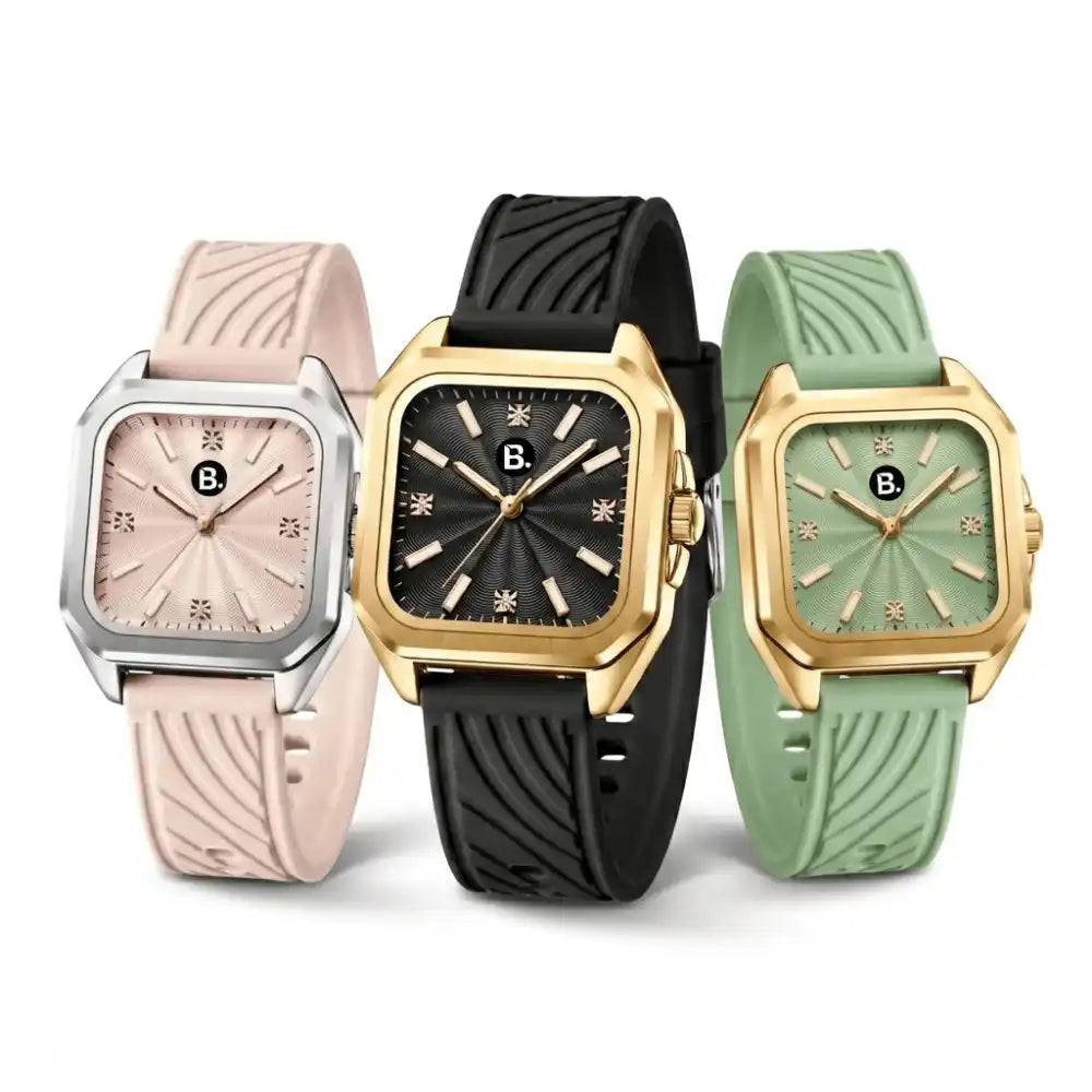 Three square-faced luxury wristwatches with silicone straps in pink, black, and sage green.