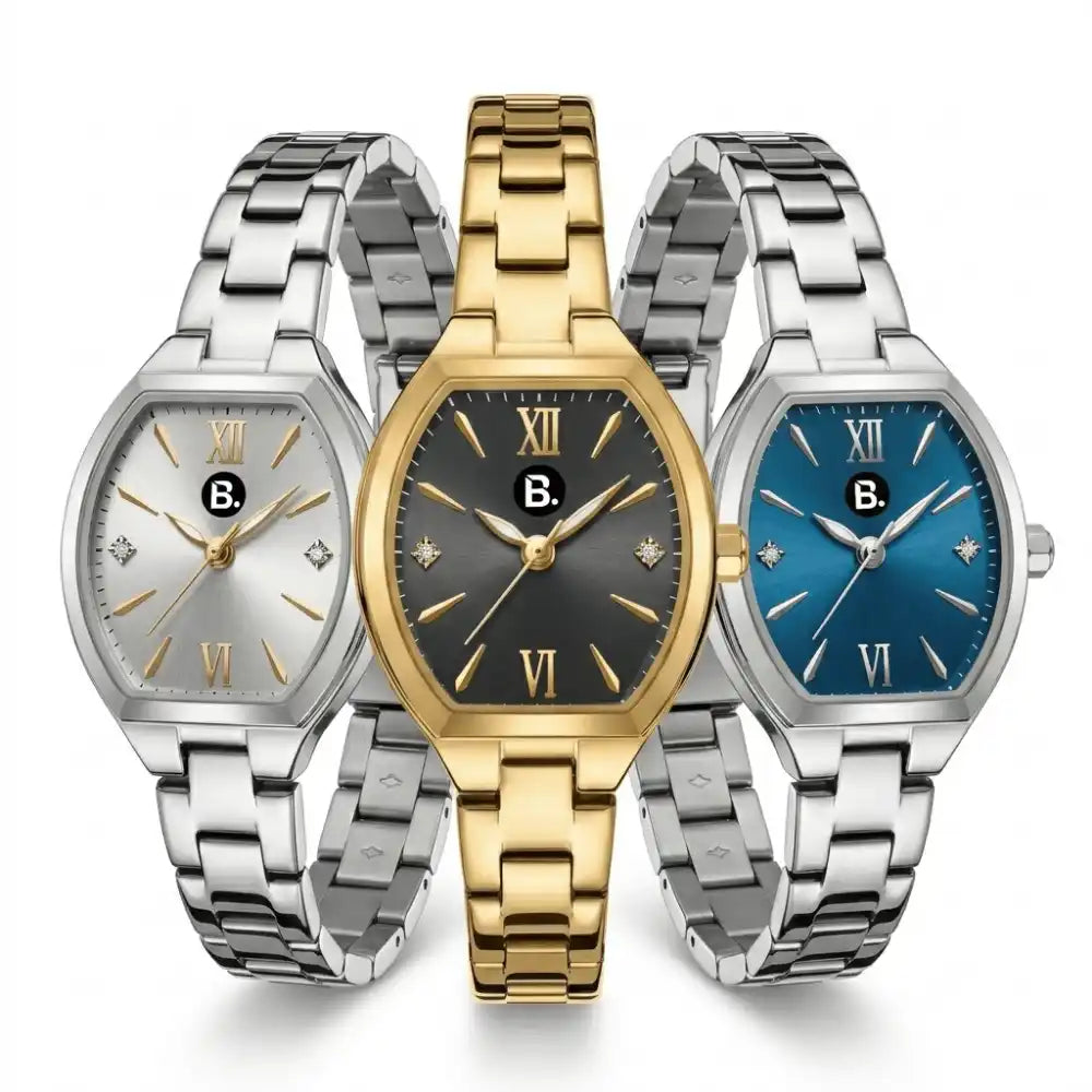 Three elegant women's watches with silver, gold, and blue dials and metal link bracelets.