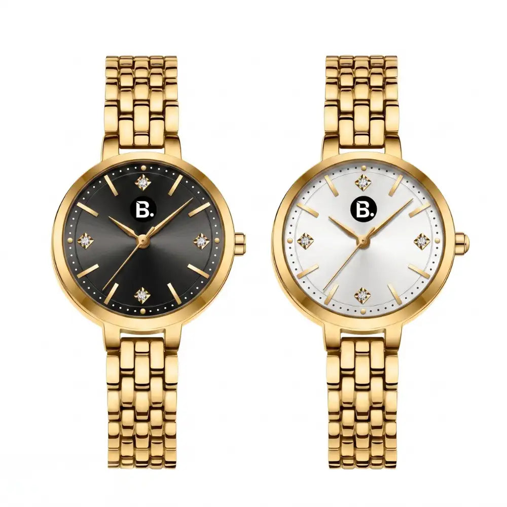Two elegant gold women's wristwatches with black and white minimalist dials.