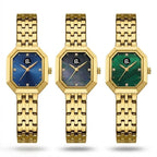 Three elegant gold women's watches with octagonal cases and blue, pearl, and green dials.
