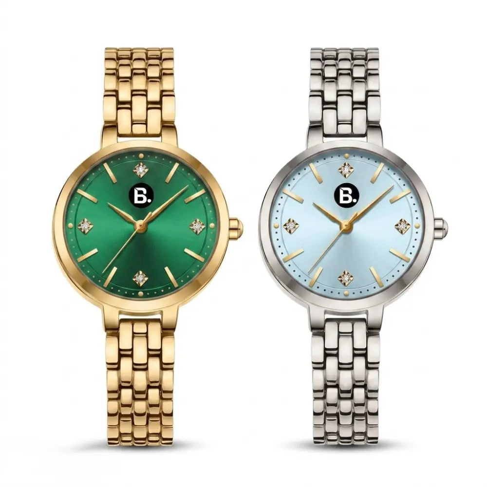 Pair of elegant women's wristwatches with metal link bracelets and gemstone dial accents.