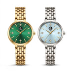 Pair of elegant women's wristwatches with metal link bracelets and gemstone dial accents.