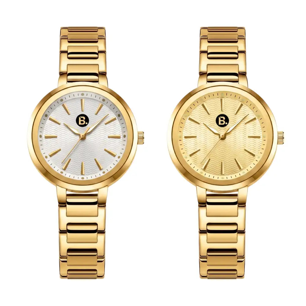 Two elegant gold luxury wristwatches with white and gold textured dials.