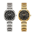 Pair of elegant women's analog watches with textured black dials in silver and gold finishes.