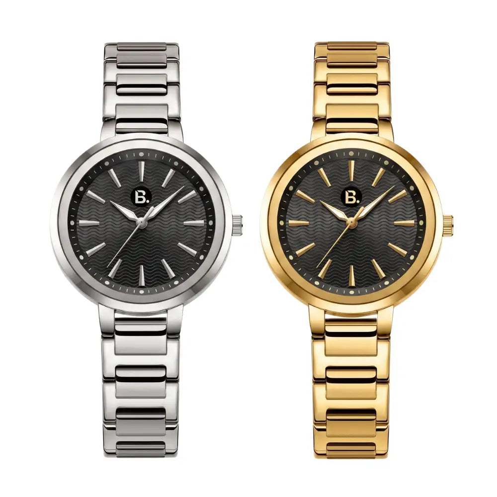 Pair of elegant women's analog watches with textured black dials in silver and gold finishes.