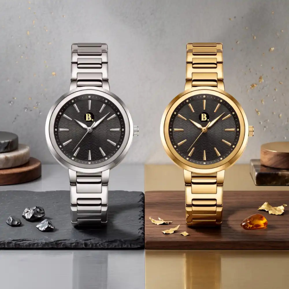 Pair of luxury men's watches with textured black dials in silver and gold stainless steel.