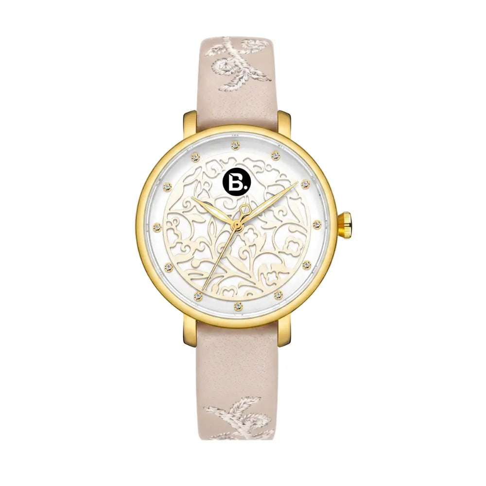 Elegant women's gold watch with floral pattern dial and beige leather strap