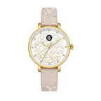 Elegant women's gold watch with white floral dial and beige leather strap