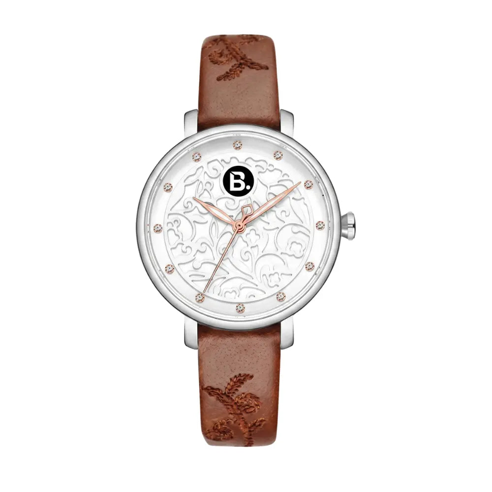 Elegant silver women's watch with floral engraved dial and brown leather strap