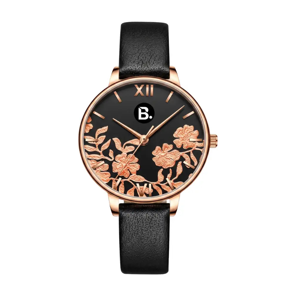 Elegant rose gold women's watch with black dial and floral design on a black leather strap.