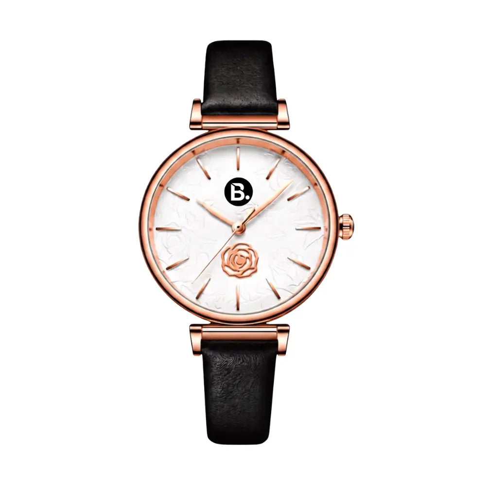 Elegant rose gold women's watch with white floral dial and black leather strap.