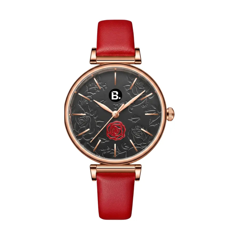 Elegant rose gold women's watch with black floral dial and red leather strap