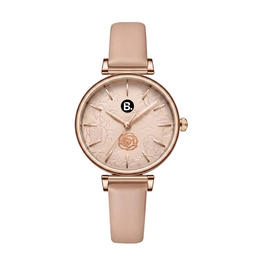 Rose gold women's wristwatch with rose pattern dial and beige leather strap.