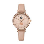 Rose gold women's wristwatch with rose pattern dial and beige leather strap