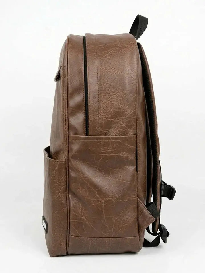 Brown faux leather backpack with side pockets and adjustable straps on a white background